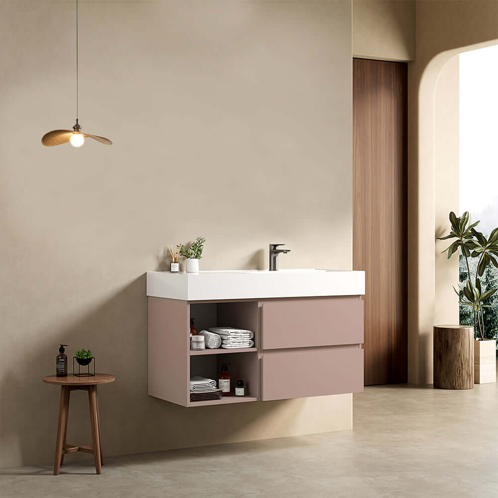 Mobile bagno sospeso 100 cm Rosa Retro Lavabo a Destra in Resina Senza Specchio - Fiji Paint Plus