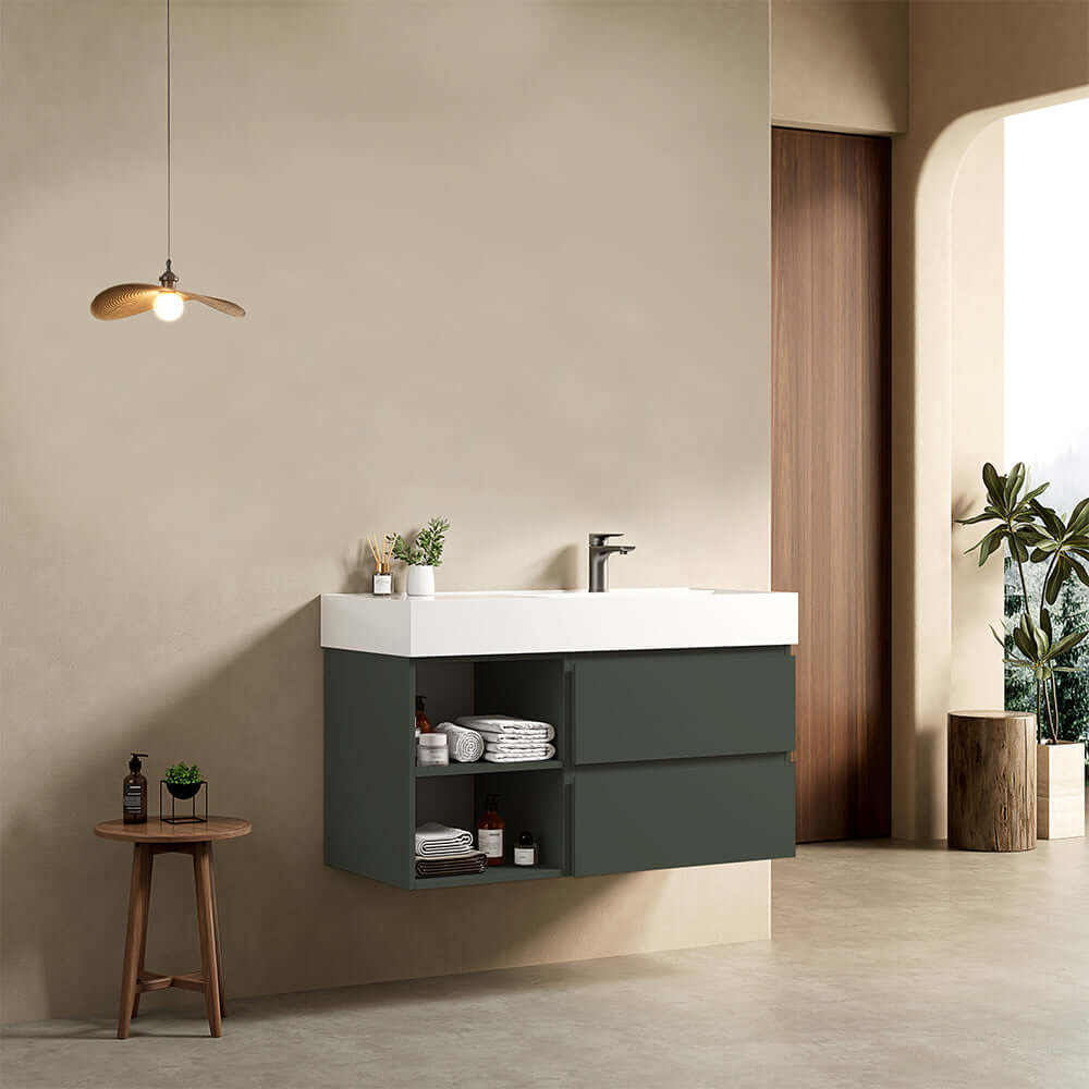 Mobile bagno sospeso 100 cm Verde Comodoro Lavabo a Destra in Resina Senza Specchio - Fiji Paint Plus