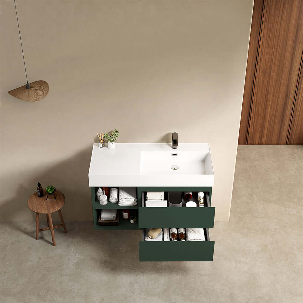 Mobile bagno sospeso 100 cm Verde Comodoro Lavabo a Destra in Resina Senza Specchio - Fiji Paint Plus