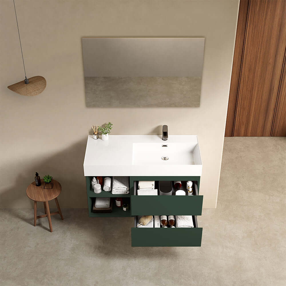 Mobile bagno sospeso 100 cm Verde Comodoro Lavabo a Destra in Resina Specchio Quadro - Fiji Paint Plus