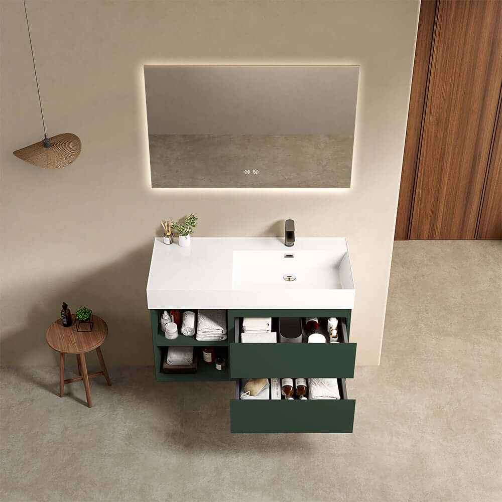 Mobile bagno sospeso 100 cm Verde Comodoro Lavabo a Destra in Resina Specchio Quadro Retroilluminato - Fiji Paint Plus