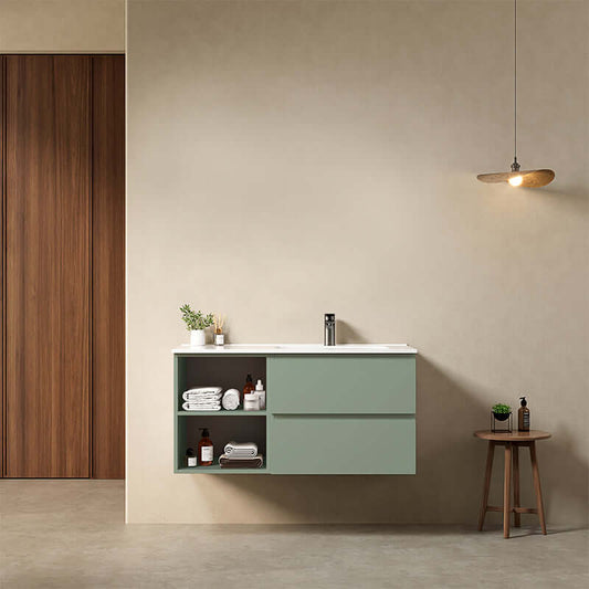 Mobile bagno sospeso 100 cm Verde Salvia Lavabo a Destra in Ceramica Senza Specchio - Fiji Paint Plus