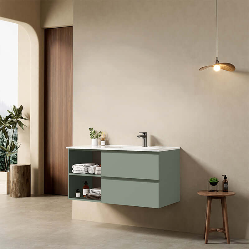 Mobile bagno sospeso 100 cm Verde Salvia Lavabo a Destra in Ceramica Senza Specchio - Fiji Paint Plus