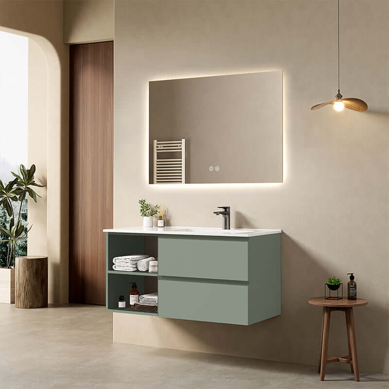Mobile bagno sospeso 100 cm Verde Salvia Lavabo a Destra in Ceramica Specchio Quadro Retroilluminato - Fiji Paint Plus