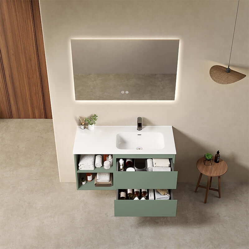 Mobile bagno sospeso 100 cm Verde Salvia Lavabo a Destra in Ceramica Specchio Quadro Retroilluminato - Fiji Paint Plus