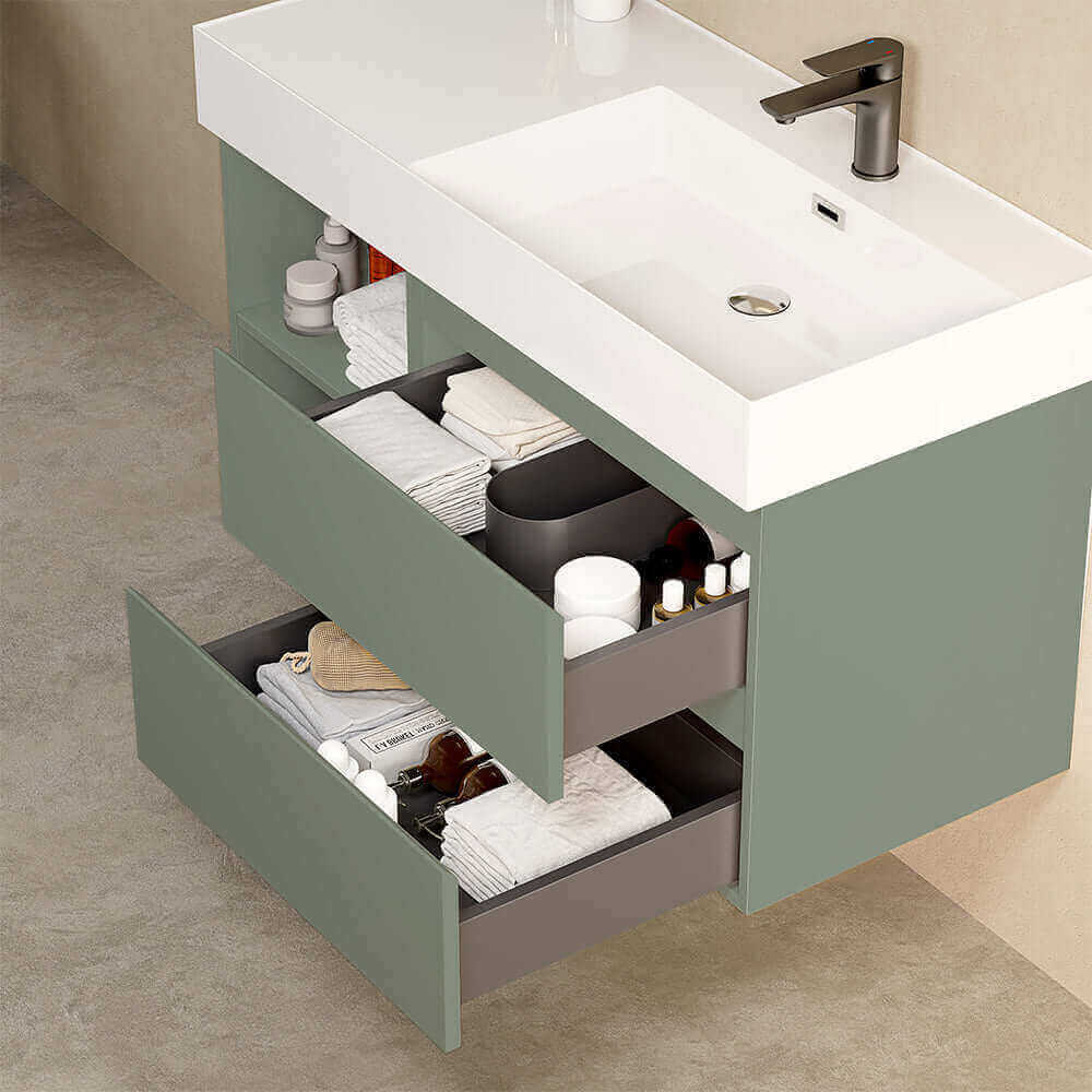 Mobile bagno sospeso 100 cm Verde Salvia Lavabo a Destra in Resina Senza Specchio - Fiji Paint Plus