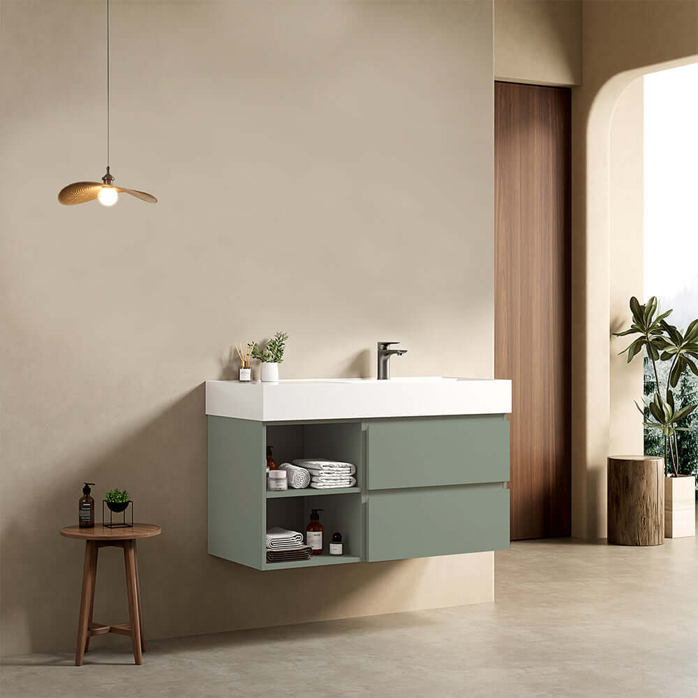 Mobile bagno sospeso 100 cm Verde Salvia Lavabo a Destra in Resina Senza Specchio - Fiji Paint Plus