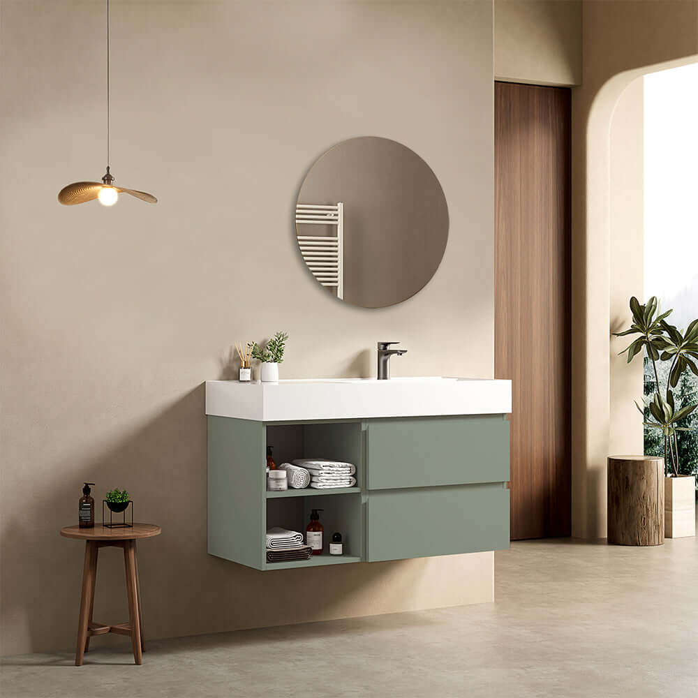 Mobile bagno sospeso 100 cm Verde Salvia Lavabo a Destra in Resina Specchio Tondo - Fiji Paint Plus