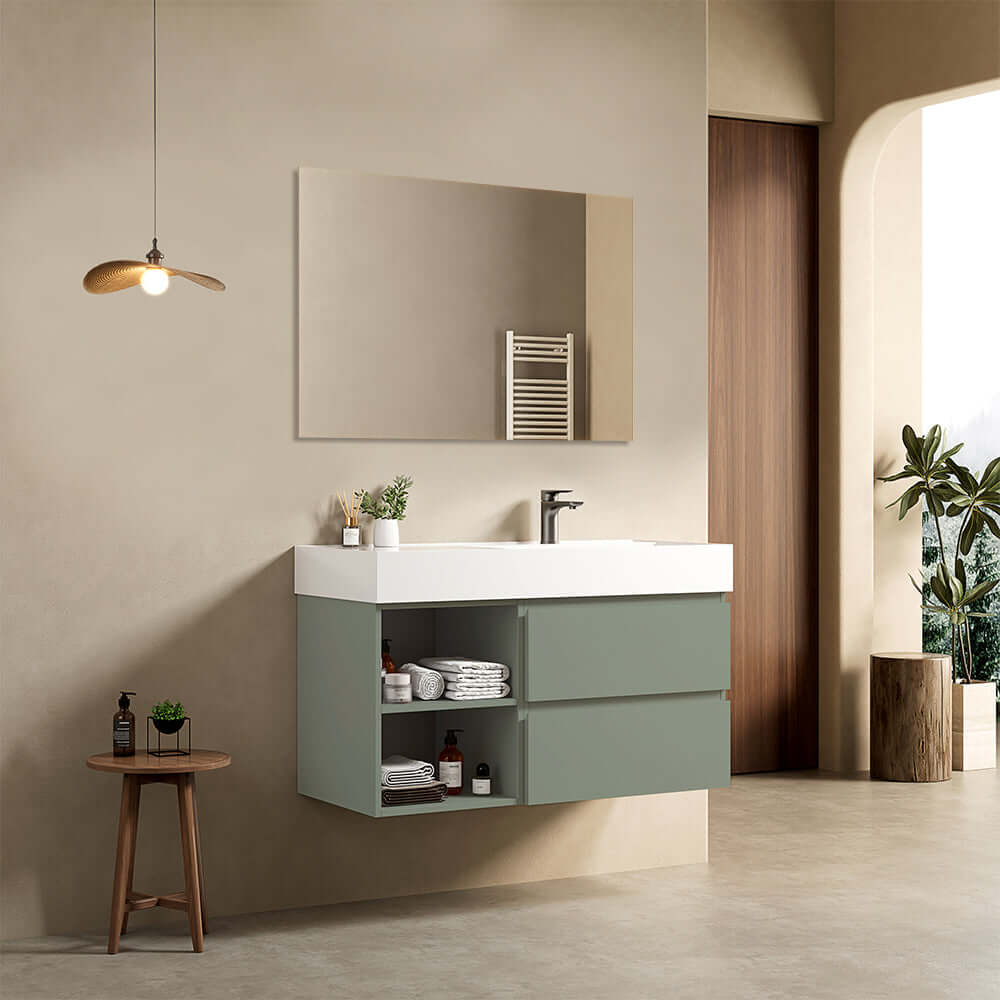 Mobile bagno sospeso 100 cm Verde Salvia Lavabo a Destra in Resina Specchio Quadro - Fiji Paint Plus