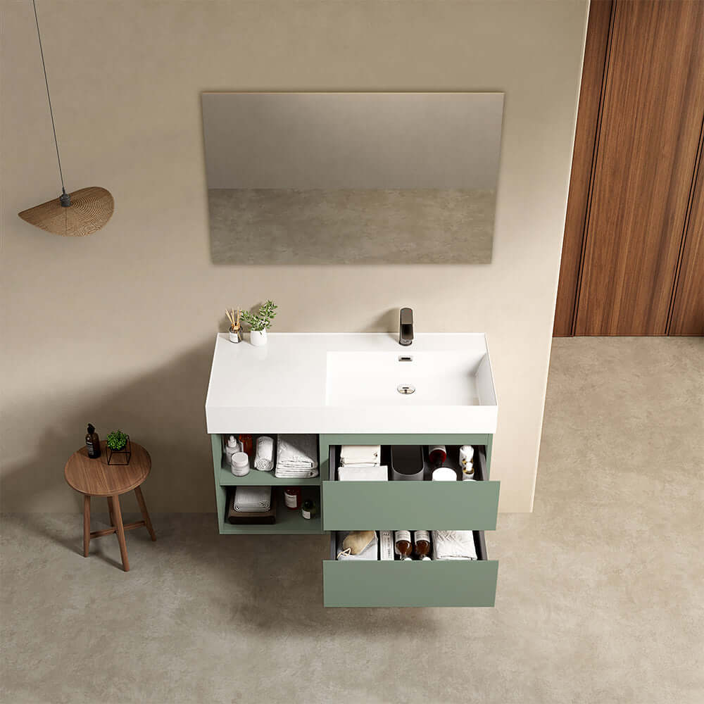 Mobile bagno sospeso 100 cm Verde Salvia Lavabo a Destra in Resina Specchio Quadro - Fiji Paint Plus
