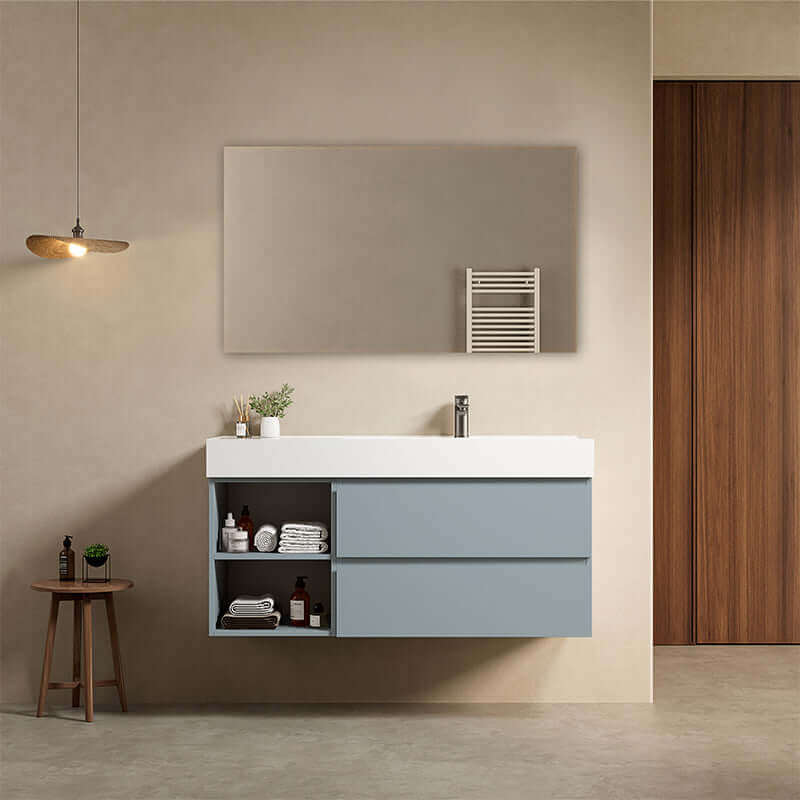 Mobile bagno sospeso 120 cm Blu Avio Lavabo a Sinistra in Resina Specchio Tondo - Fiji Paint Plus