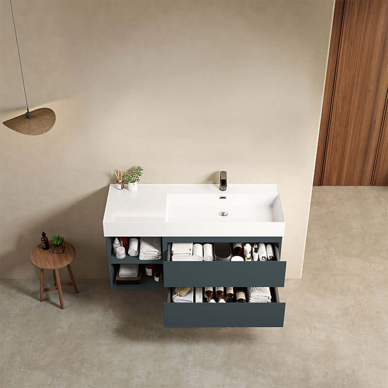 Mobile bagno sospeso 120 cm Blu Mare Lavabo a Destra in Resina Senza Specchio - Fiji Paint Plus