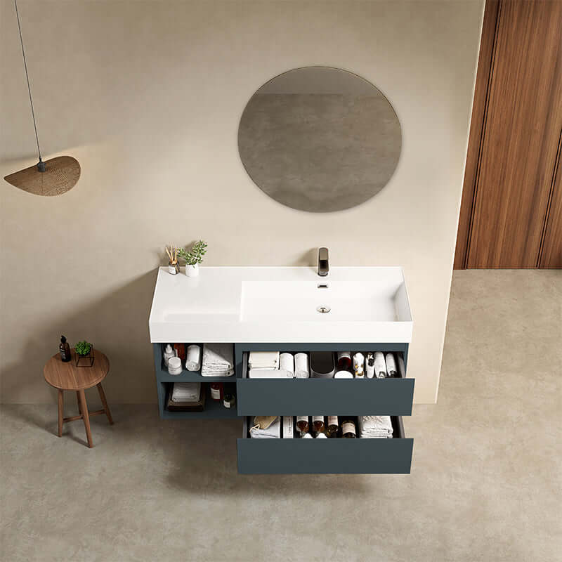 Mobile bagno sospeso 120 cm Blu Mare Lavabo a Destra in Resina Specchio Tondo - Fiji Paint Plus
