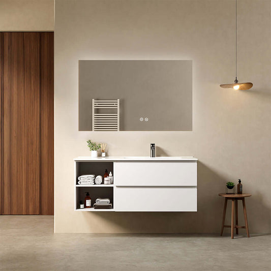 Mobile bagno sospeso 120 cm Bianco Lavabo a Destra in Ceramica Specchio Quadro Retroilluminato - Fiji Paint Plus