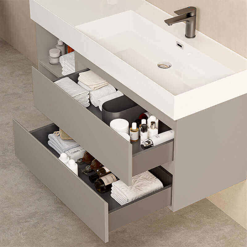 Mobile bagno sospeso 120 cm Grigio Cenere Lavabo a Destra in Resina Specchio Quadro Retroilluminato - Fiji Paint Plus