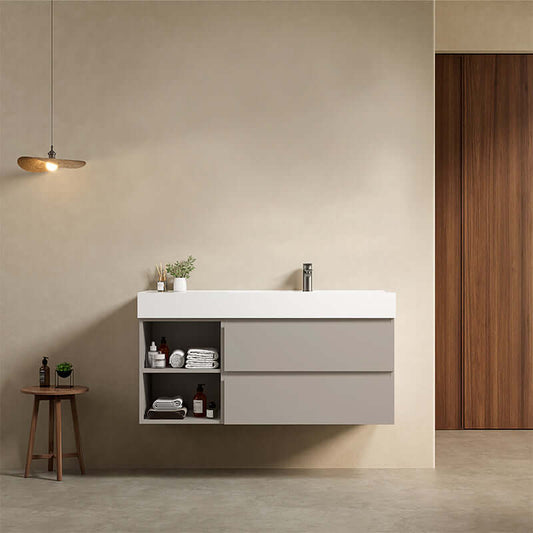 Mobile bagno sospeso 120 cm Grigio Cenere Lavabo a Destra in Resina Senza Specchio - Fiji Paint Plus