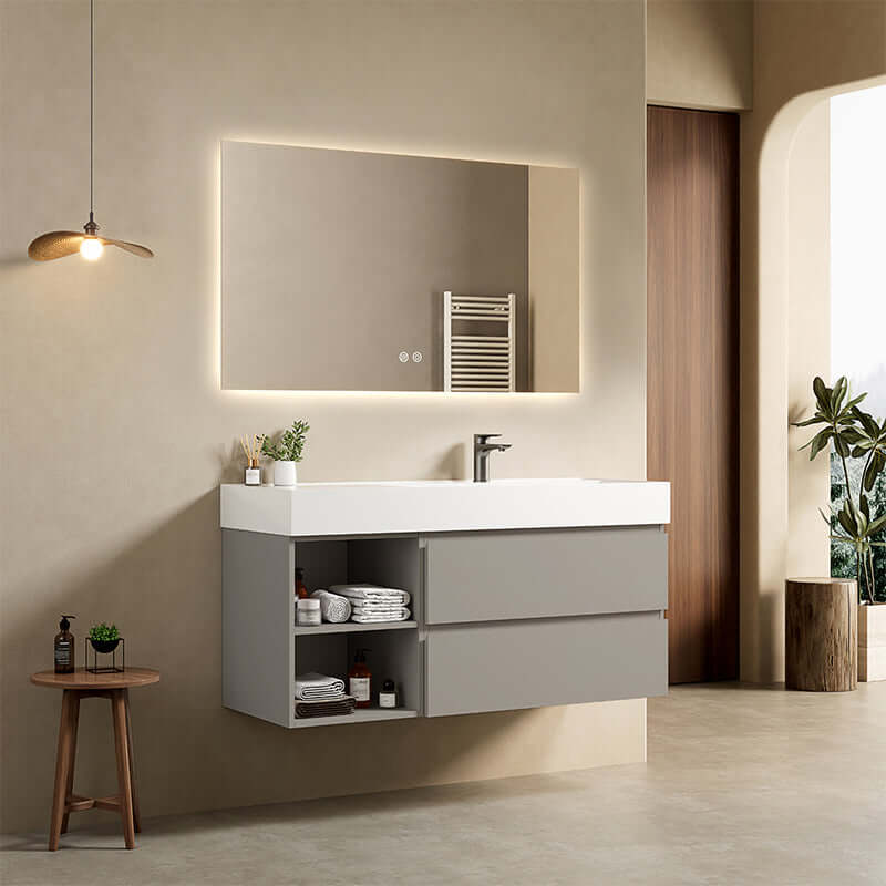 Mobile bagno sospeso 120 cm Grigio Cenere Lavabo a Destra in Resina Specchio Quadro Retroilluminato - Fiji Paint Plus
