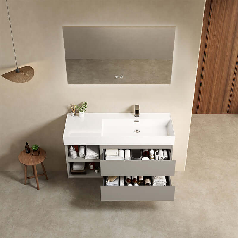 Mobile bagno sospeso 120 cm Grigio Cenere Lavabo a Destra in Resina Specchio Quadro Retroilluminato - Fiji Paint Plus