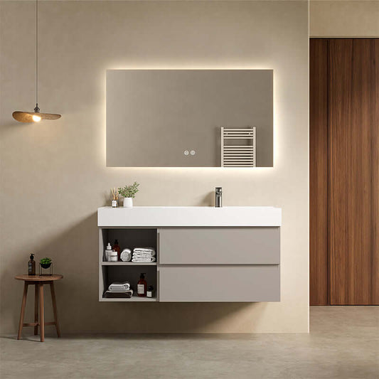 Mobile bagno sospeso 120 cm Grigio Cenere Lavabo a Destra in Resina Specchio Quadro Retroilluminato - Fiji Paint Plus