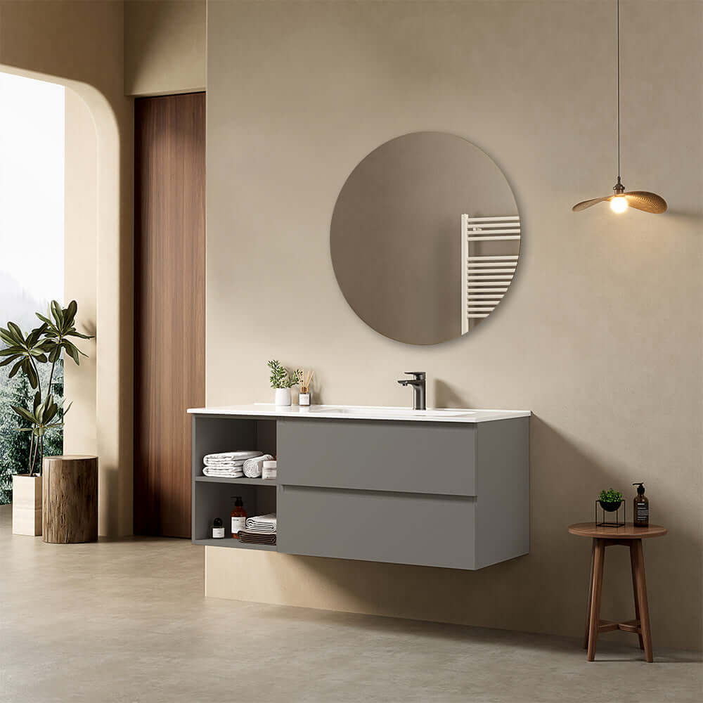 Mobile bagno sospeso 120 cm Grigio Londra Lavabo a Destra in Ceramica Specchio Tondo - Fiji Paint Plus