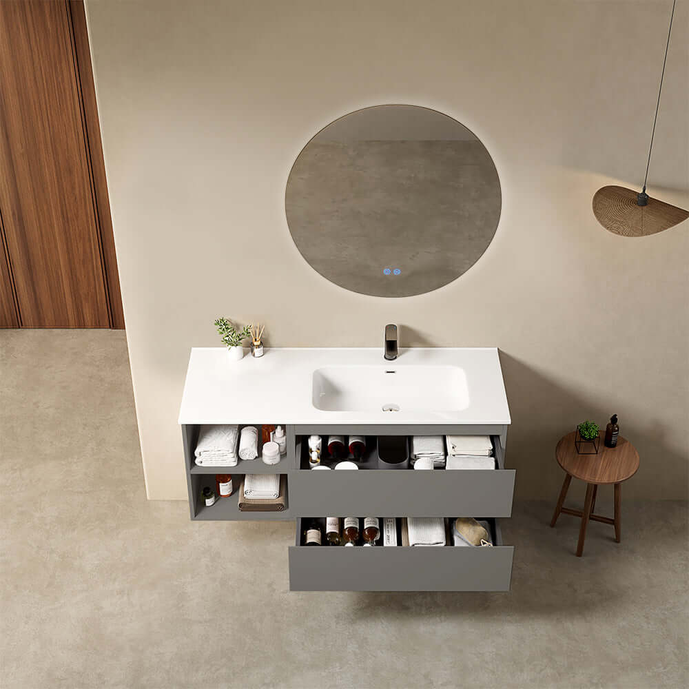Mobile bagno sospeso 120 cm Grigio Londra Lavabo a Destra in Ceramica Specchio Tondo Retroilluminato - Fiji Paint Plus