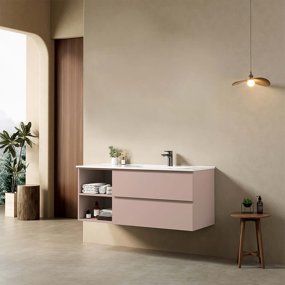Mobile bagno sospeso 120 cm Rosa Retro Lavabo a Destra in Ceramica Senza Specchio - Fiji Paint Plus