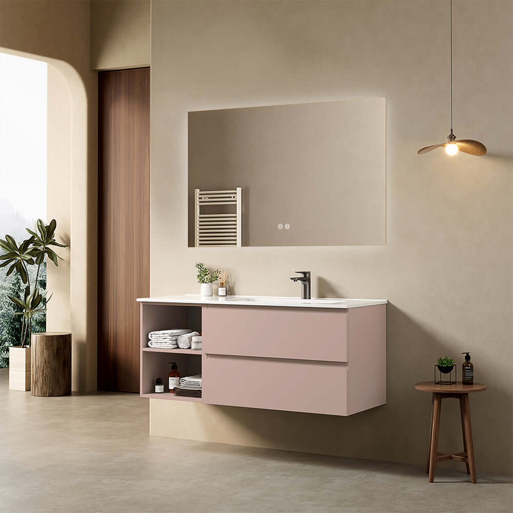 Mobile bagno sospeso 120 cm Rosa Retro Lavabo a Destra in Ceramica Specchio Quadro Retroilluminato - Fiji Paint Plus