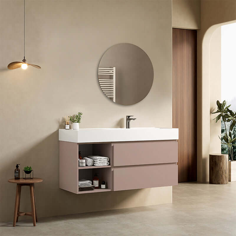 Mobile bagno sospeso 120 cm Rosa Retro Lavabo a Destra in Resina Specchio Tondo - Fiji Paint Plus