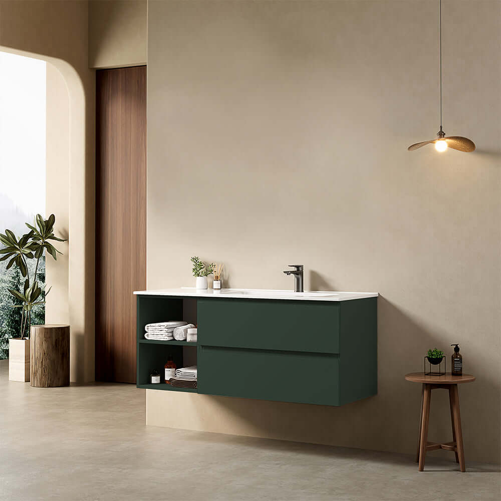 Mobile bagno sospeso 120 cm Verde Comodoro Lavabo a Destra in Ceramica Senza Specchio - Fiji Paint Plus