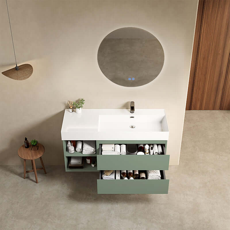 Mobile bagno sospeso 120 cm Verde Salvia Lavabo a Destra in Resina Specchio Tondo Retroilluminato - Fiji Paint Plus