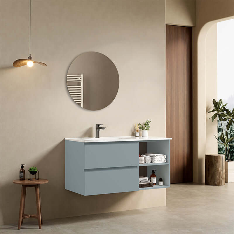 Mobile bagno sospeso 100 cm Blu Avio Lavabo a Sinistra in Ceramica Specchio Tondo - Fiji Paint Plus