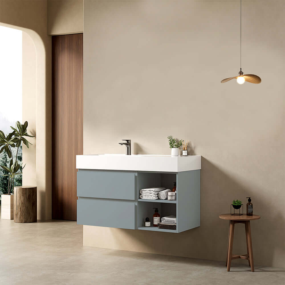 Mobile bagno sospeso 100 cm Blu Avio Lavabo a Sinistra in Resina Senza Specchio - Fiji Paint Plus