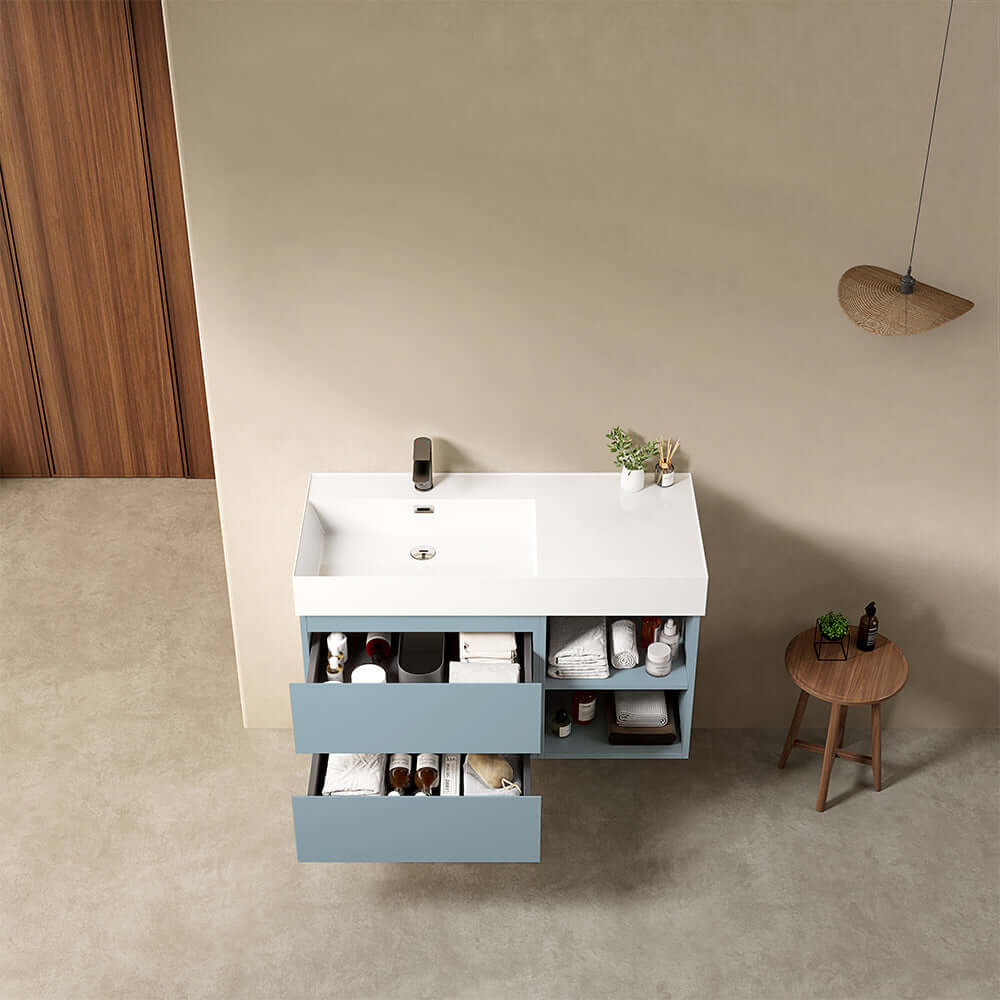 Mobile bagno sospeso 100 cm Blu Avio Lavabo a Sinistra in Resina Senza Specchio - Fiji Paint Plus