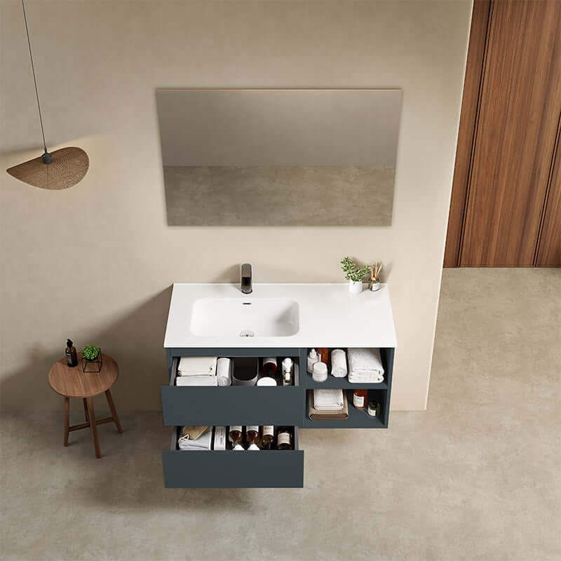 Mobile bagno sospeso 100 cm Blu Mare Lavabo a Sinistra in Ceramica Specchio Quadro - Fiji Paint Plus