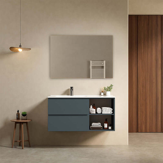 Mobile bagno sospeso 100 cm Blu Mare Lavabo a Sinistra in Ceramica Specchio Quadro - Fiji Paint Plus