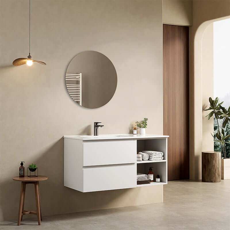Mobile bagno sospeso 100 cm Bianco Lavabo a Sinistra in Ceramica Specchio Tondo - Fiji Paint Plus