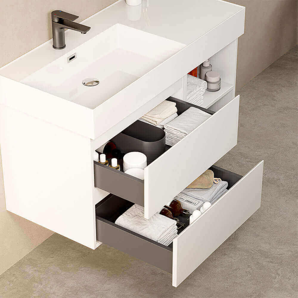 Mobile bagno sospeso 100 cm Bianco Lavabo a Sinistra in Resina Specchio Tondo - Fiji Paint Plus