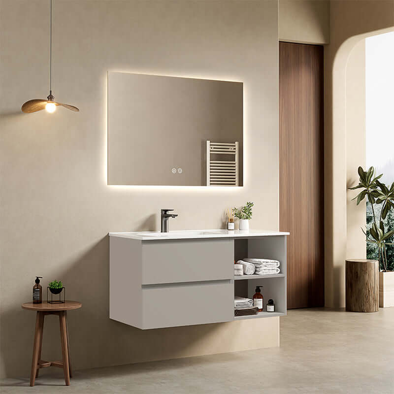 Mobile bagno sospeso 100 cm Grigio Cenere Lavabo a Sinistra in Ceramica Specchio Quadro Retroilluminato - Fiji Paint Plus