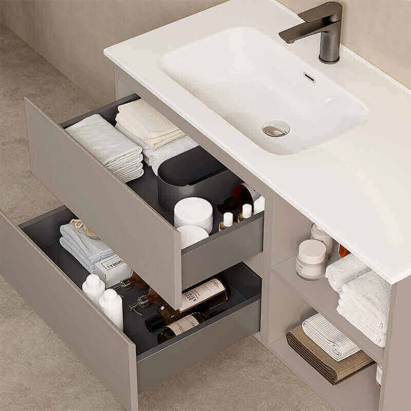 Mobile bagno sospeso 100 cm Grigio Cenere Lavabo a Sinistra in Ceramica Specchio Quadro Retroilluminato - Fiji Paint Plus