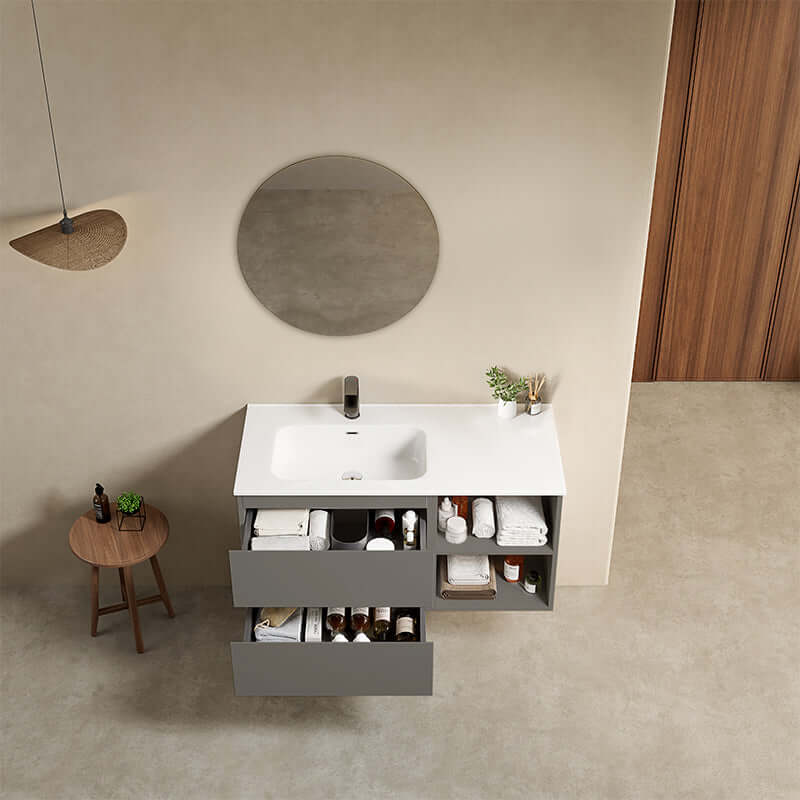 Mobile bagno sospeso 100 cm Grigio Londra Lavabo a Sinistra in Ceramica Specchio Tondo - Fiji Paint Plus