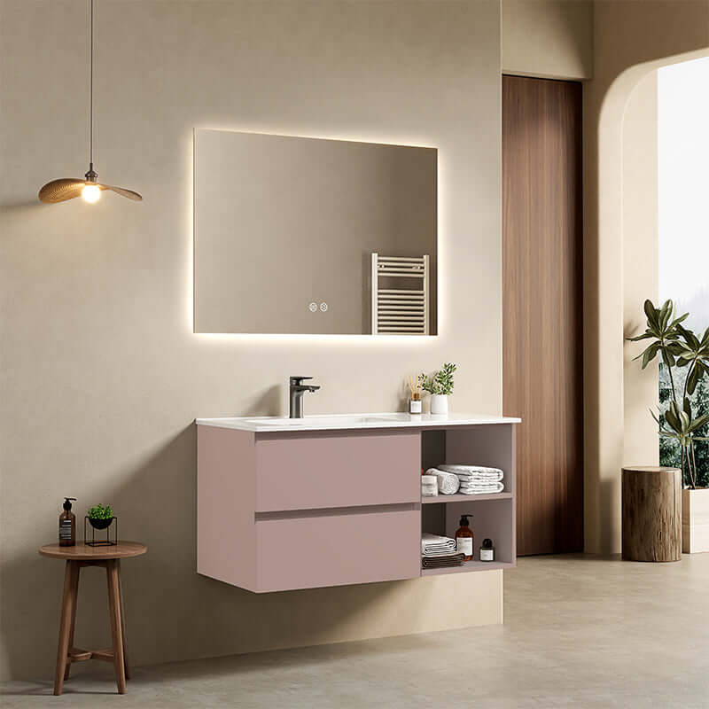 Mobile bagno sospeso 100 cm Rosa Retro Lavabo a Sinistra in Ceramica Specchio Quadro Retroilluminato - Fiji Paint Plus