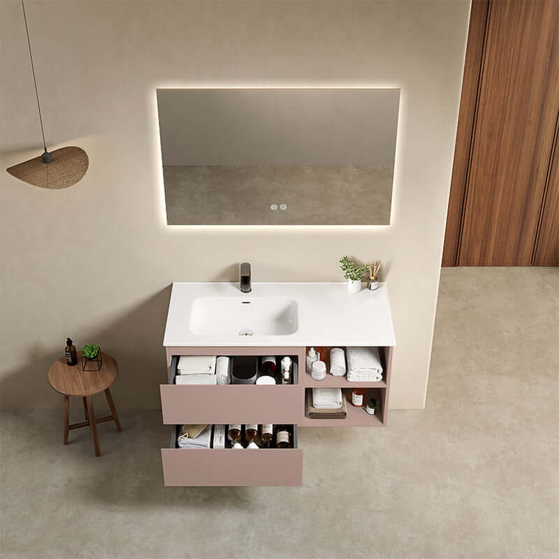 Mobile bagno sospeso 100 cm Rosa Retro Lavabo a Sinistra in Ceramica Specchio Quadro Retroilluminato - Fiji Paint Plus