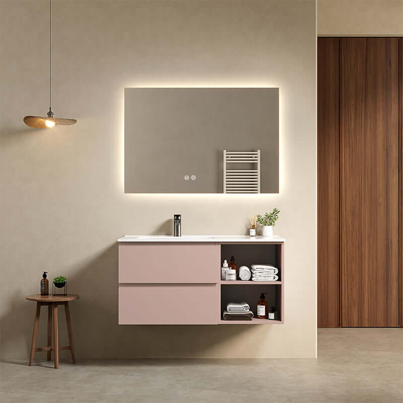 Mobile bagno sospeso 100 cm Rosa Retro Lavabo a Sinistra in Ceramica Specchio Quadro Retroilluminato - Fiji Paint Plus
