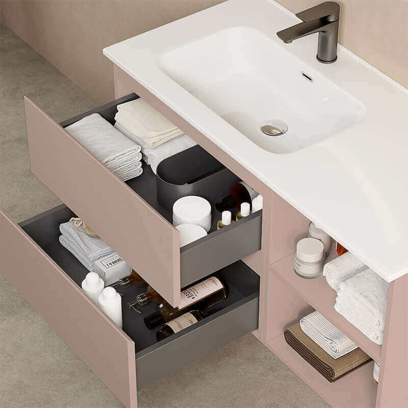 Mobile bagno sospeso 100 cm Rosa Retro Lavabo a Sinistra in Ceramica Specchio Quadro Retroilluminato - Fiji Paint Plus