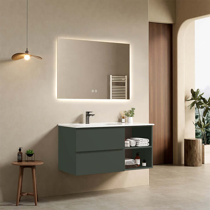 Mobile bagno sospeso 100 cm Verde Comodoro Lavabo a Sinistra in Ceramica Specchio Quadro Retroilluminato - Fiji Paint Plus
