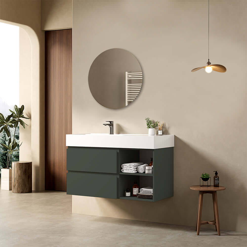 Mobile bagno sospeso 100 cm Verde Comodoro Lavabo a Sinistra in Resina Specchio Tondo - Fiji Paint Plus