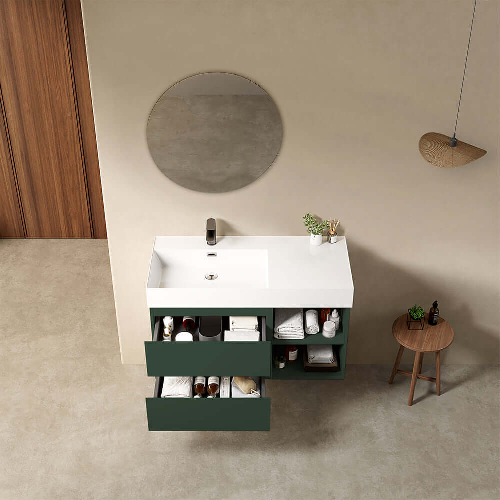 Mobile bagno sospeso 100 cm Verde Comodoro Lavabo a Sinistra in Resina Specchio Tondo - Fiji Paint Plus