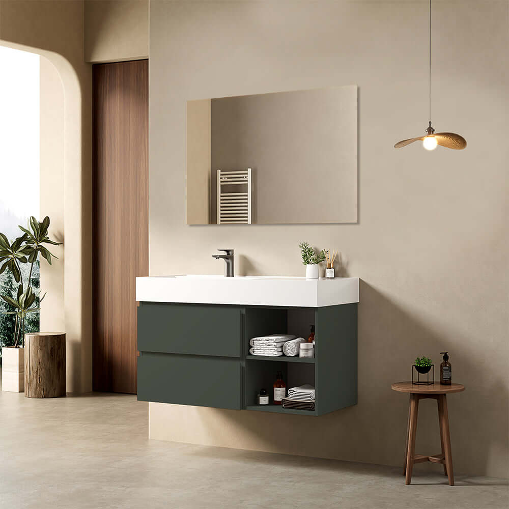 Mobile bagno sospeso 100 cm Verde Comodoro Lavabo a Sinistra in Resina Specchio Quadro - Fiji Paint Plus