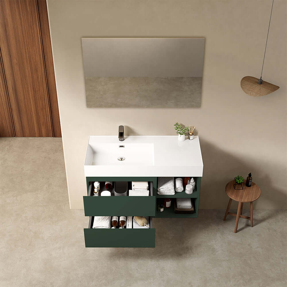Mobile bagno sospeso 100 cm Verde Comodoro Lavabo a Sinistra in Resina Specchio Quadro - Fiji Paint Plus