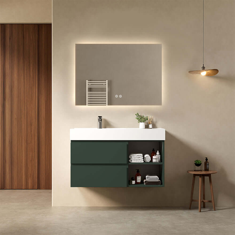 Mobile bagno sospeso 100 cm Verde Comodoro Lavabo a Sinistra in Resina Specchio Quadro Retroilluminato - Fiji Paint Plus